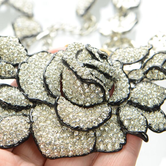 Kenneth Jay Lane KJL Black Enamel Pavé Rose Necklace - Picture 5 of 9